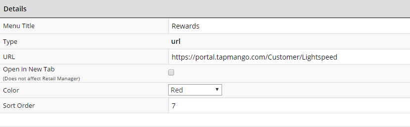 Rewards button URL with Open in New Tab checked