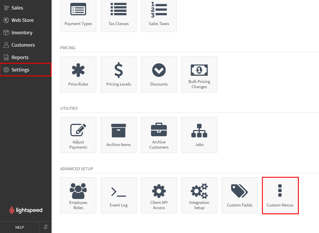 Custom Menus under Advanced Setup