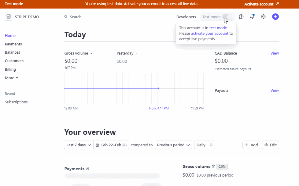Stripe Live mode toggle at the top right of the page