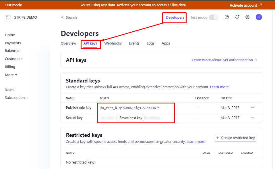 Stripe API keys page showing Test mode keys