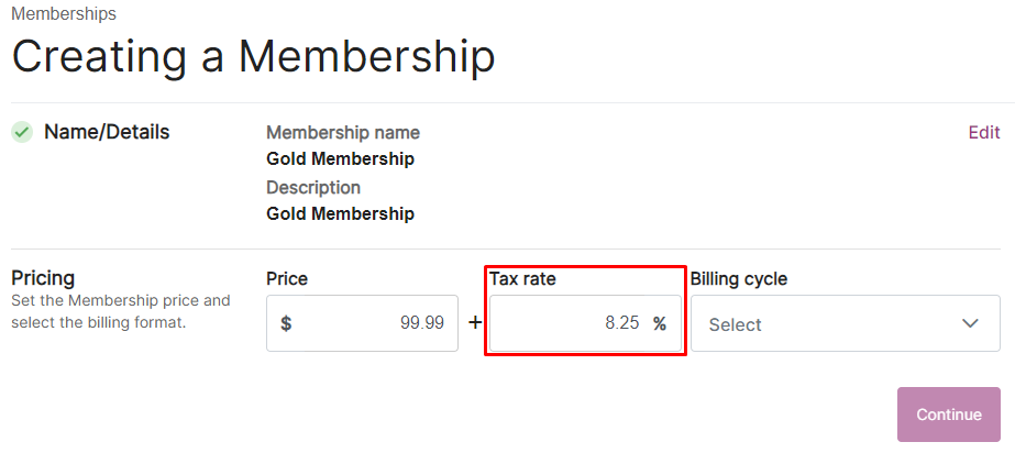 Item settings in Toast, with the tax rate highlighted