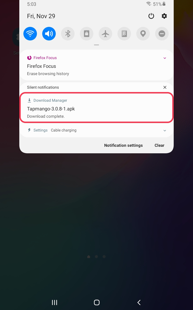 TapMango file in the notification panel