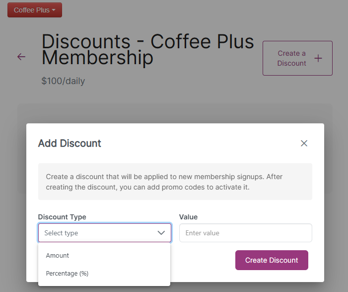 Discount creation popup