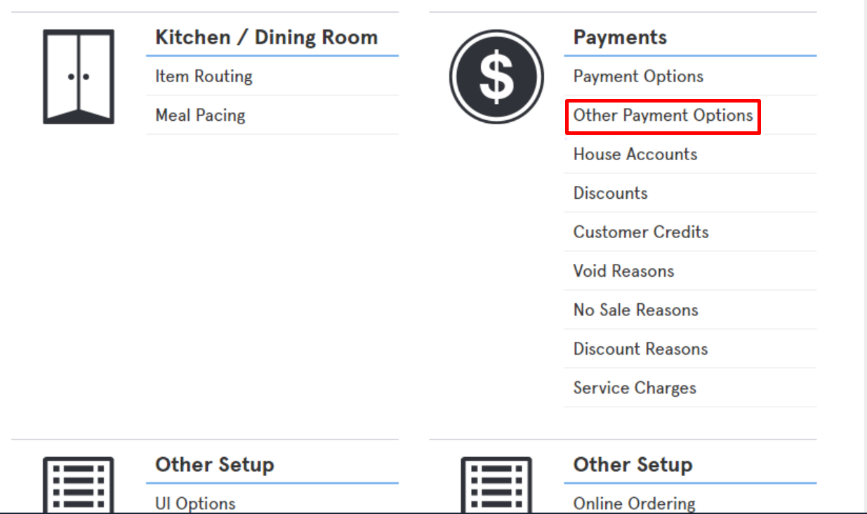 Toast Other Payment Options screen