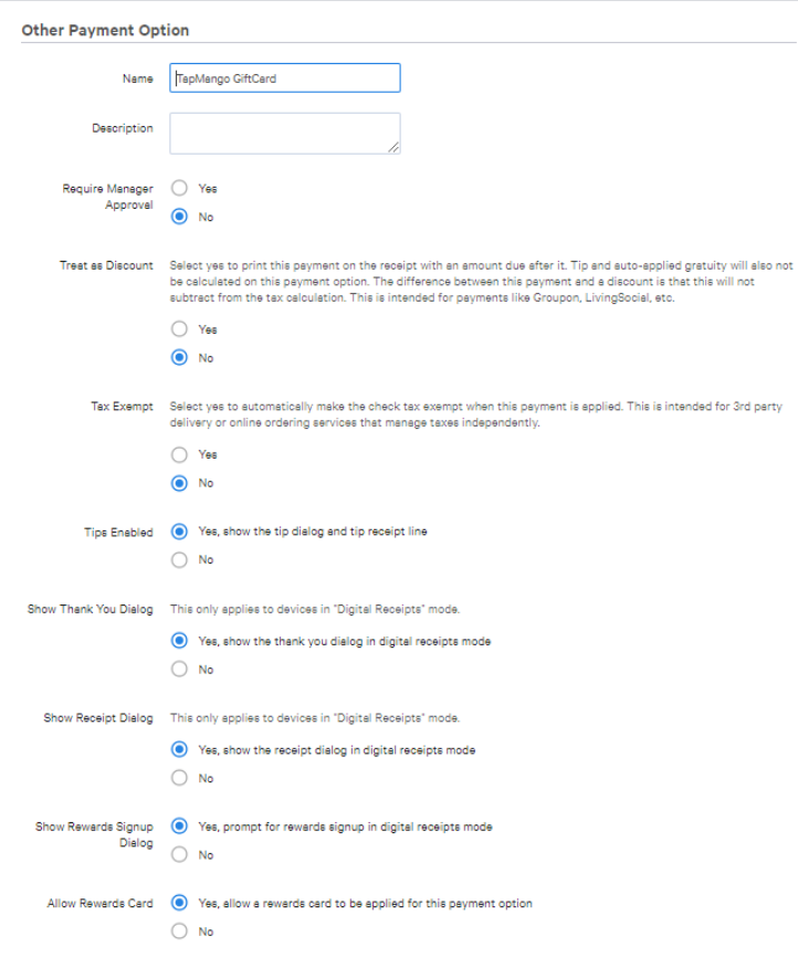 TapMango GiftCard payment option form filled out in Toast