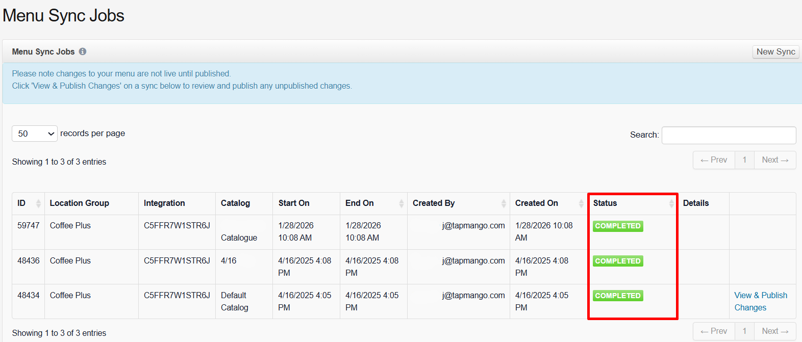 Catalog Sync import status
