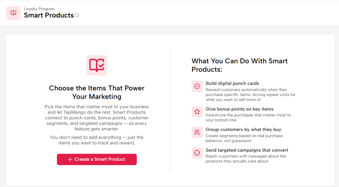 Smart Products empty state, with Choose the Items That Power Your Marketing