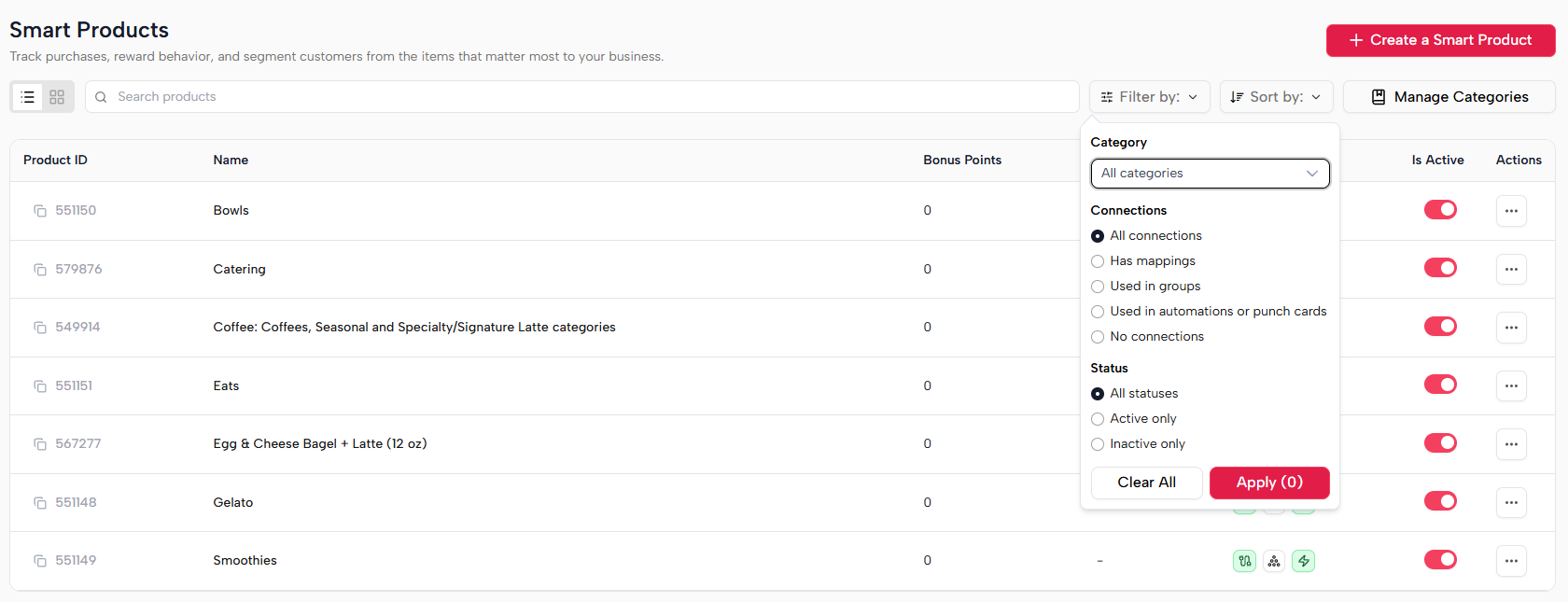 Filter by category, connections, and status