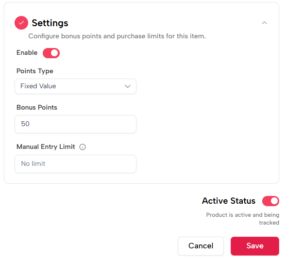 Bonus points and Active Status on the Settings step