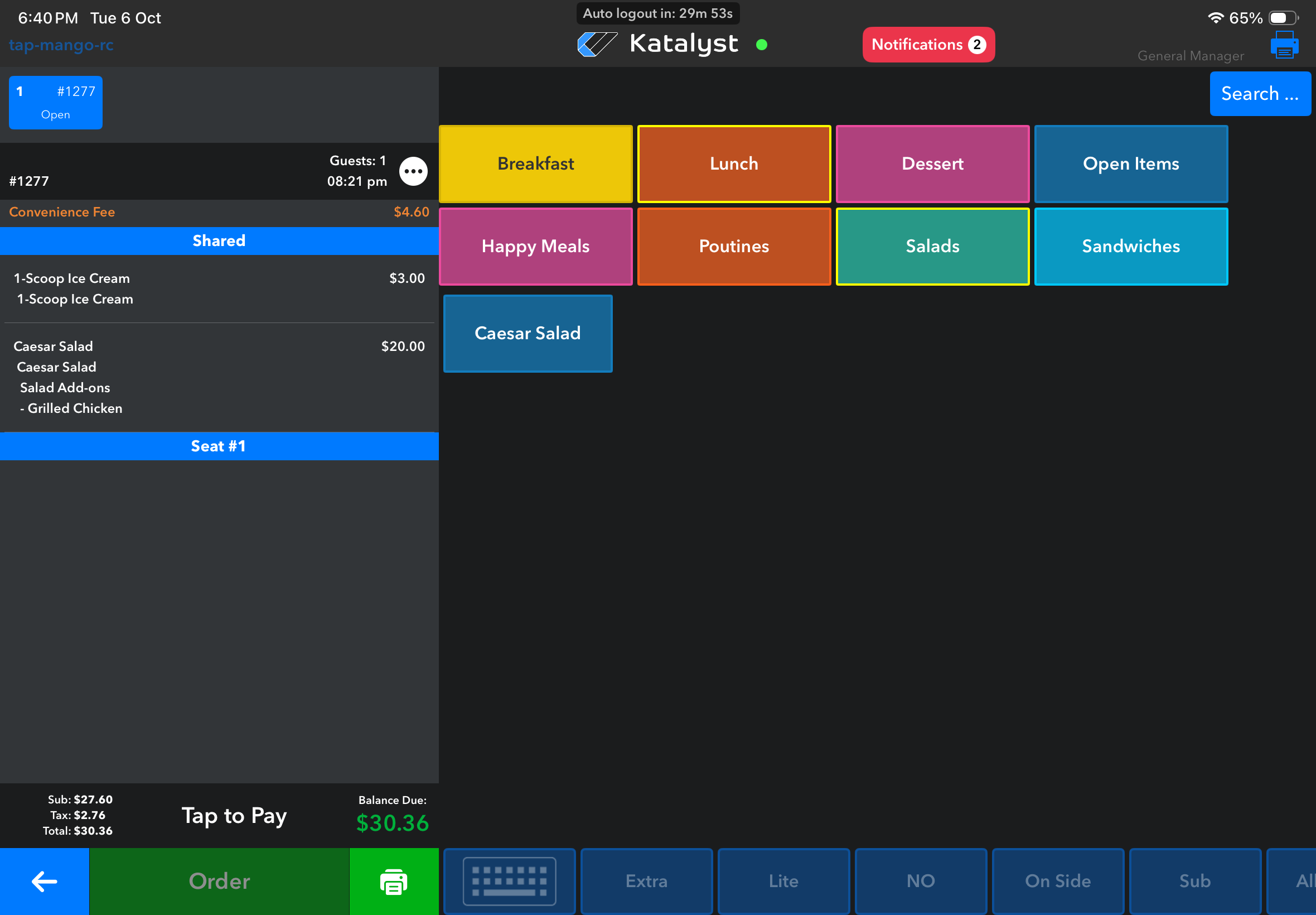 Katalyst register with items rung in, before Tap to Pay