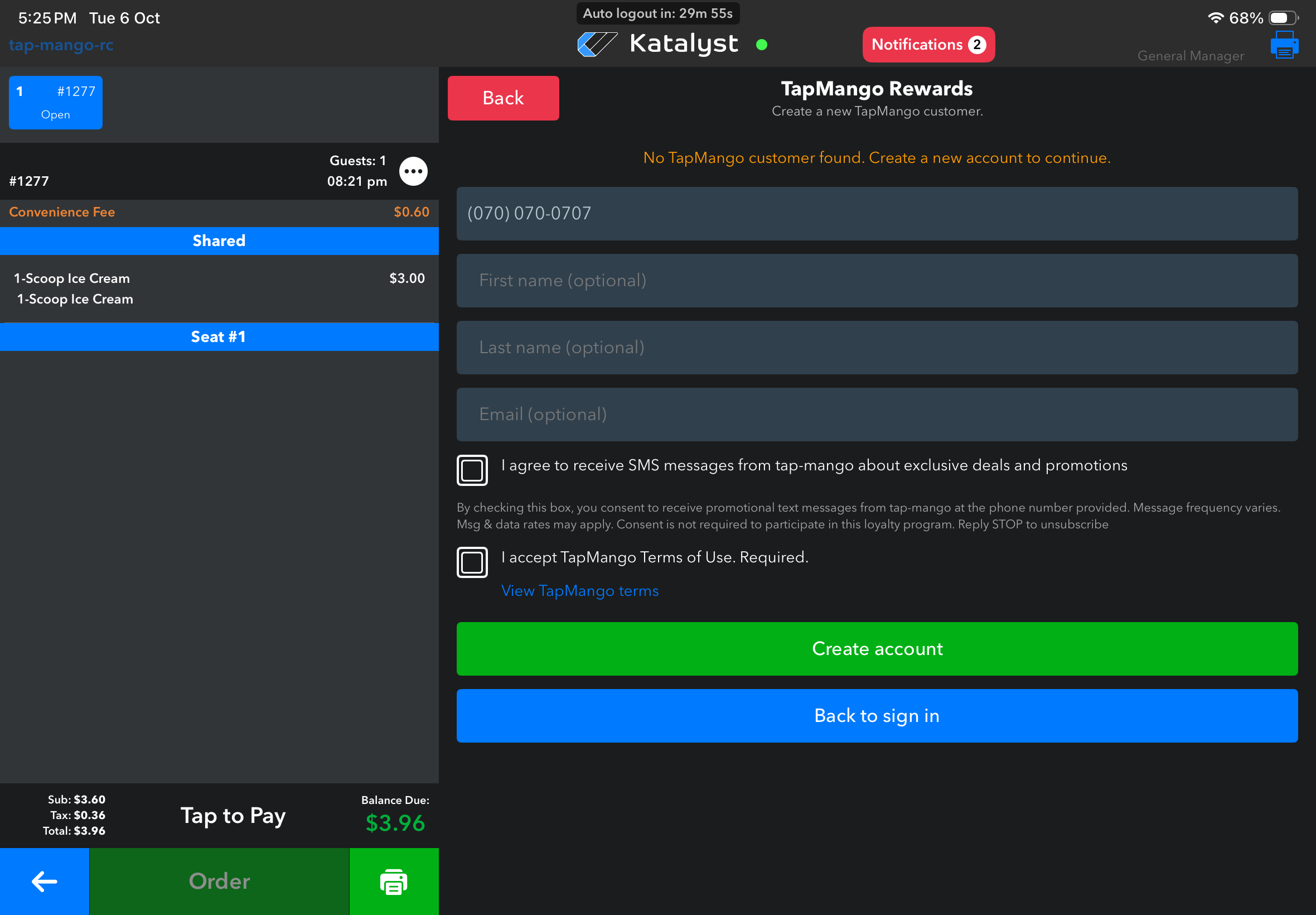 New TapMango account screen on the Katalyst register