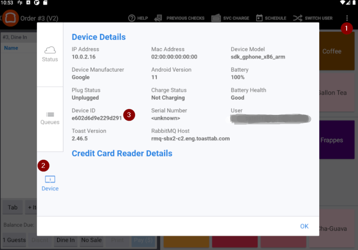 Toast register Device tab showing the Device ID field